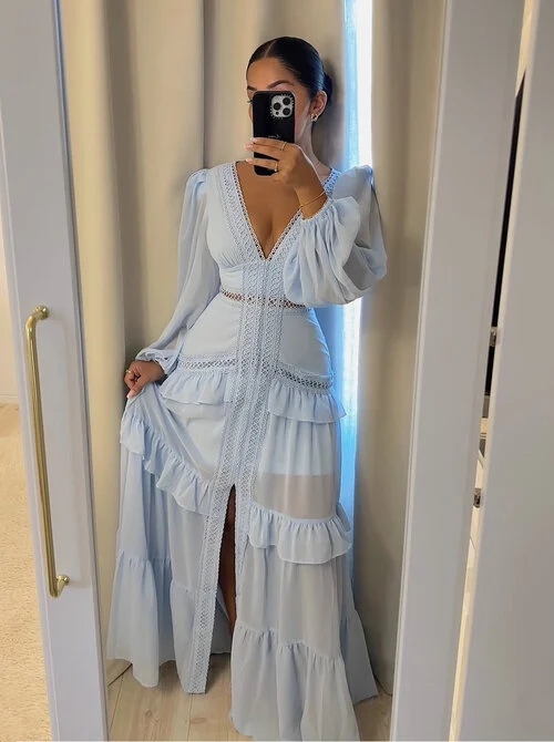 Blue Chiffon Long Prom Dresses Sexy Evening Dress fg7574