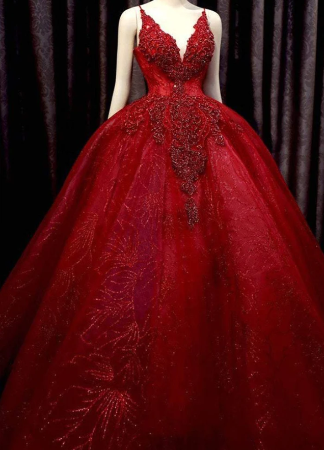Deep red sparkle beaded thin strap V neck ball gown wedding dress with bow back