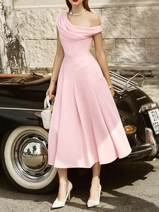 A-Line Cocktail Dresses Elegant Dress Wedding Guest Tea Length Sleeveless Cowl Neck Chiffon Prom Party Dress    fg7773