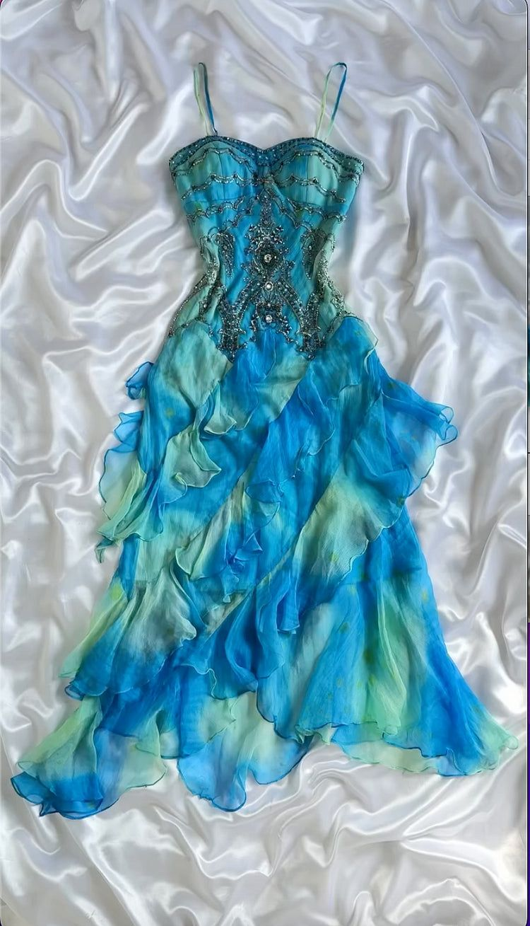 Blue Vintage Long Prom Dress Beaded Evening Party Dress Birthday Outfit