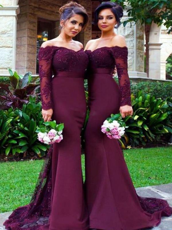 Custom Made Off Shoulder Mermaid Maroon Long Sleeves Lace Prom Dresses, Burgundy Lace Bridesmaid Dresses, Formal Dresses