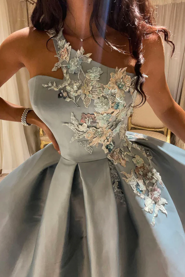 Cute satin lace short prom dress one shoulder evening dress