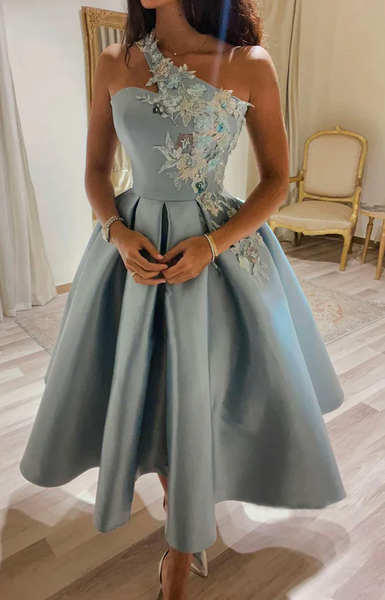 Cute satin lace short prom dress one shoulder evening dress