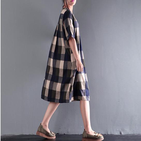 Fine Blue Gray Plaid Summer Dresses Loose Linen Sundresses Short Sleeve