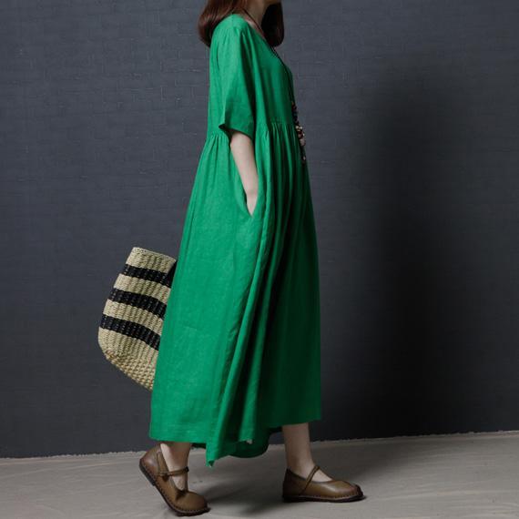 Fine Linen Green Women Summer Dresses Oversize Vintage Sundress O Neck Maxi Dress