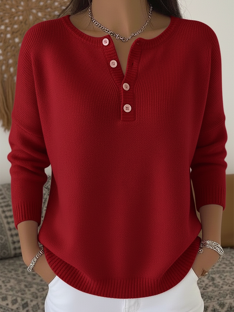 Henley Button Placket Crew Neck Long Sleeve Sweater