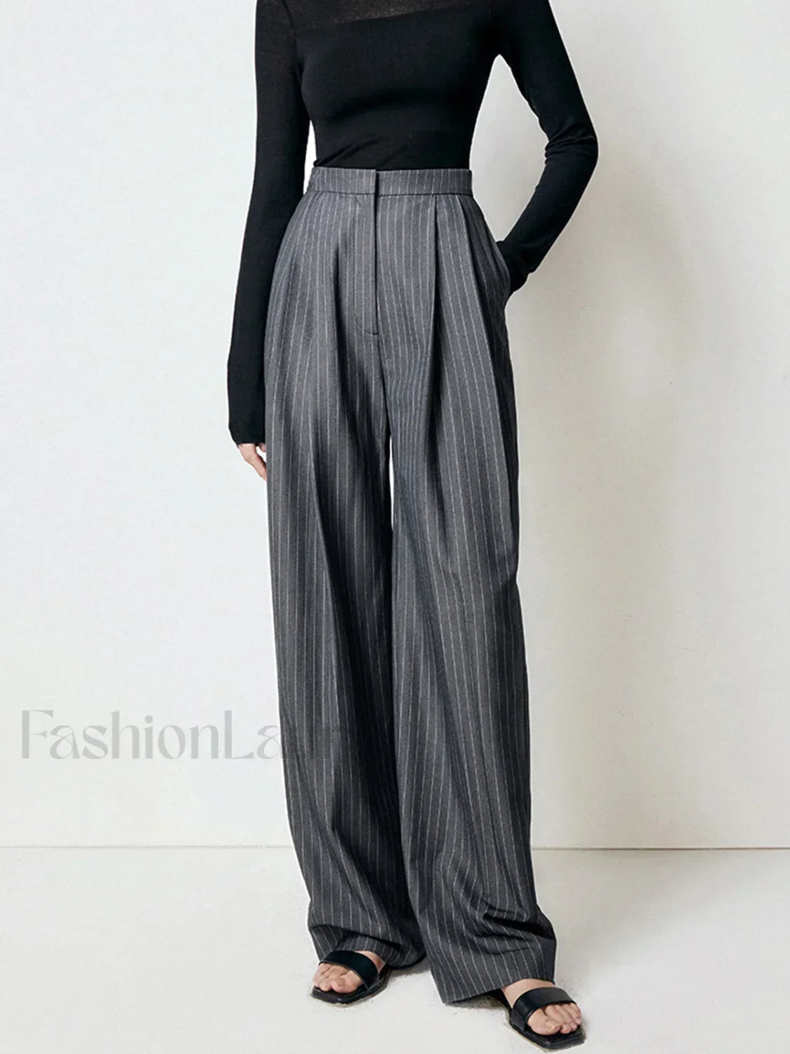 First Choice Pinstripe Trendy Wide Leg Dress Pants Grey / XS Pants