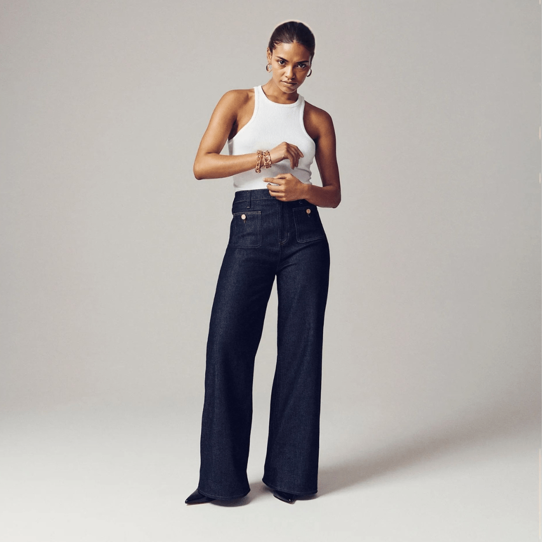 High Waist Patch Pocket Wide Leg Jeans