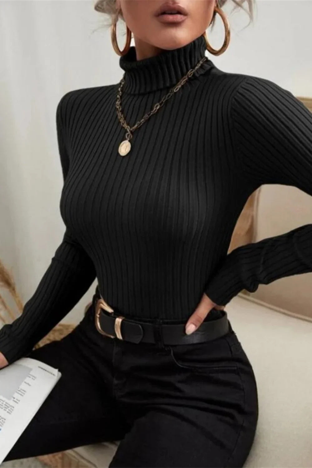 Fitted Long Sleeve Mock Neck Sweater