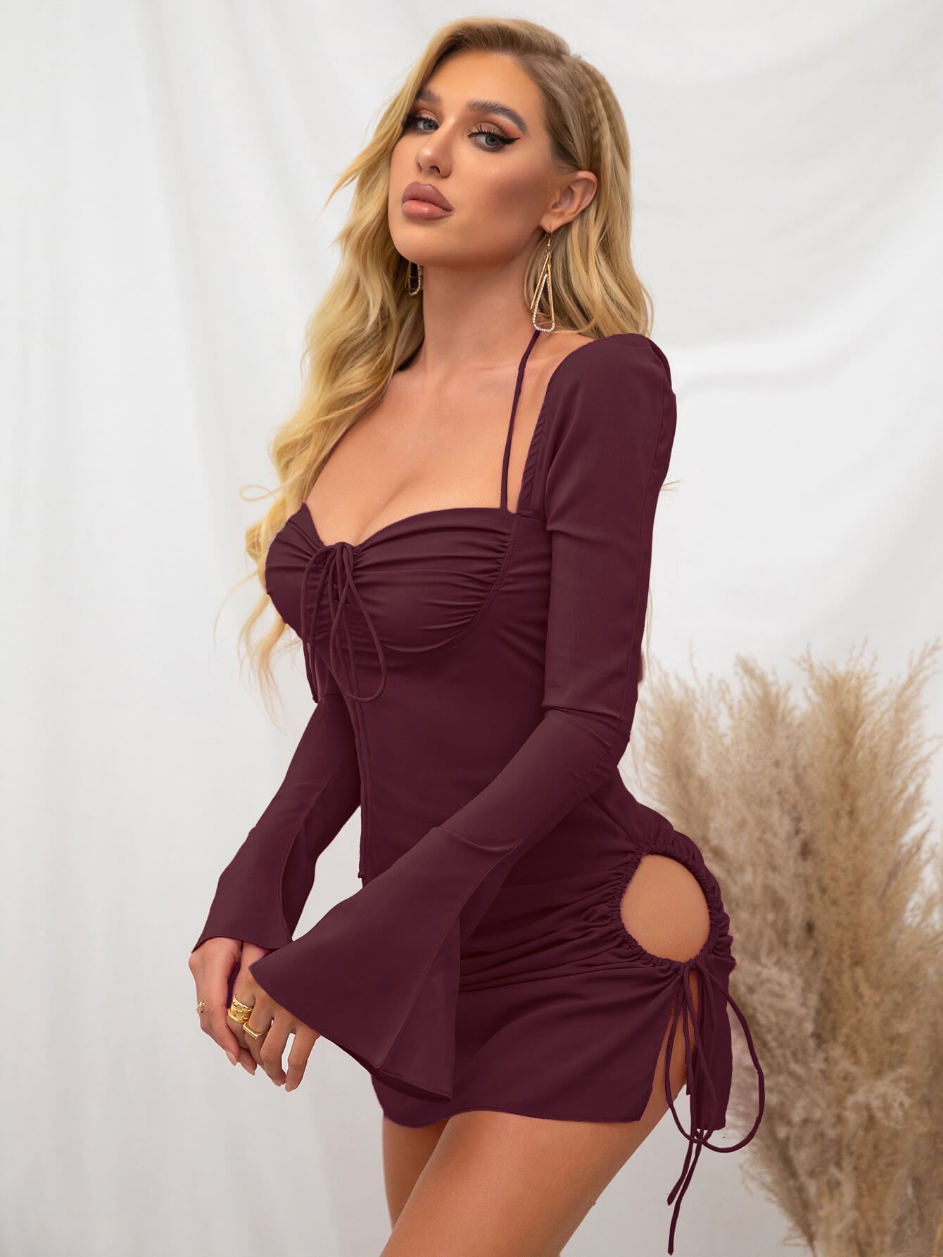 Flare Sleeve Lace Up Mini Dress - View 9
