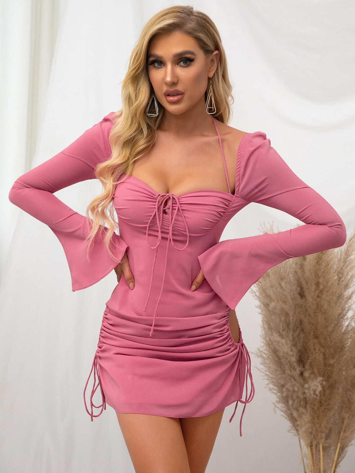 Flare Sleeve Sweetheart Neck Lace Up Drawstring Ruched Cut Out Mini Dress