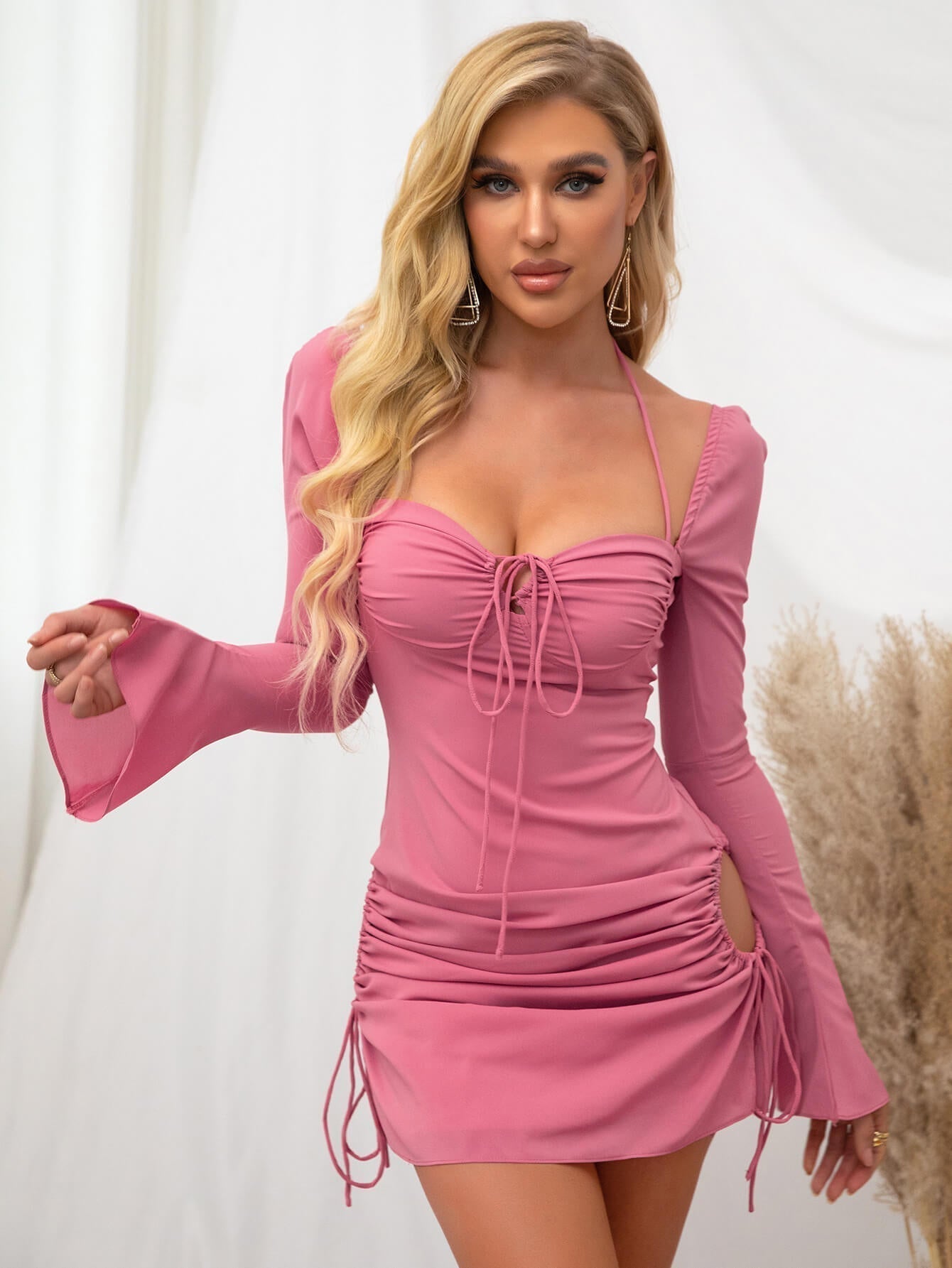 Flare Sleeve Lace Up Mini Dress - View 4