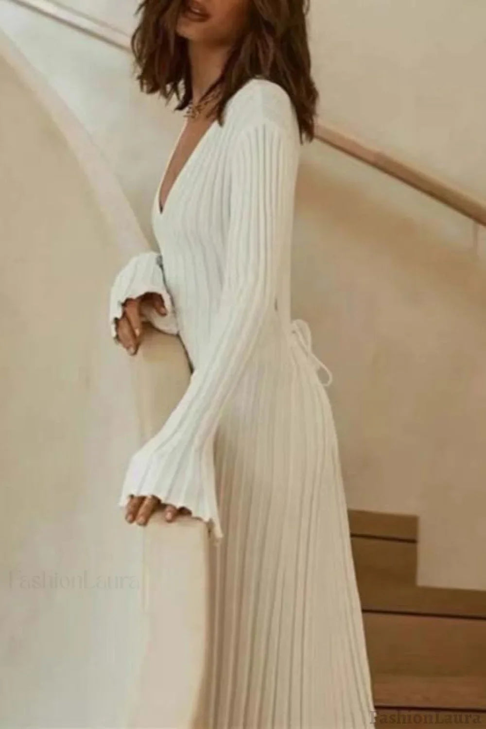 Flare Sleeve V-Neck Sweater Dress