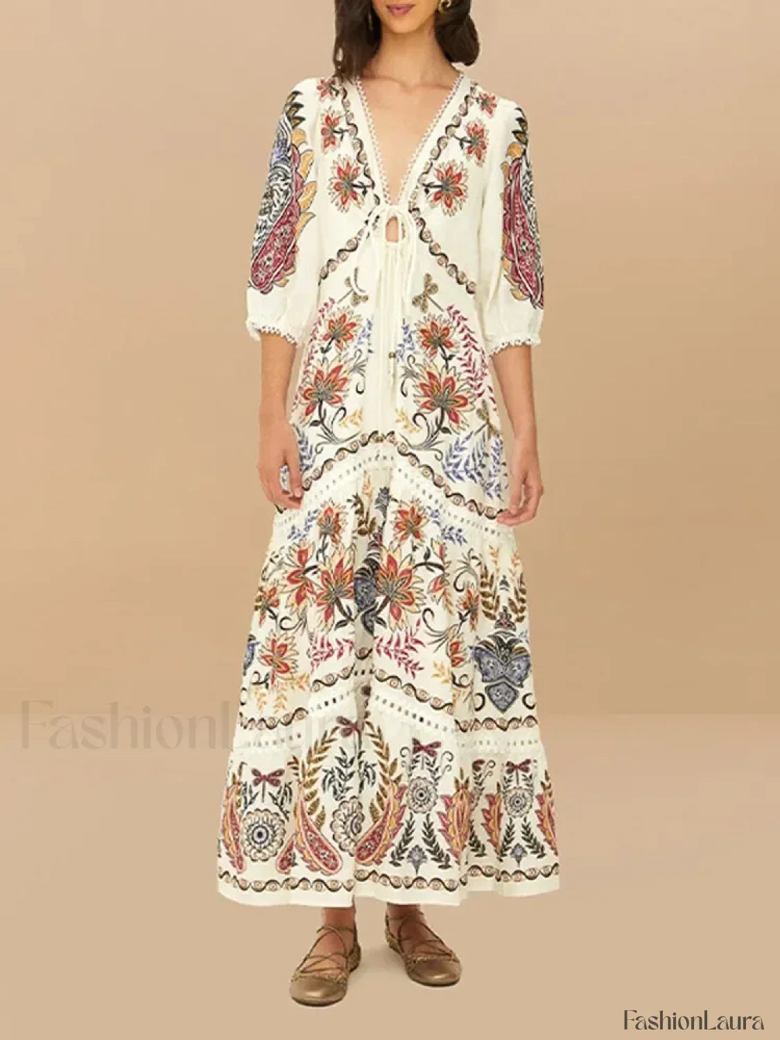 Flax Lantern-Sleeve Boho Dress