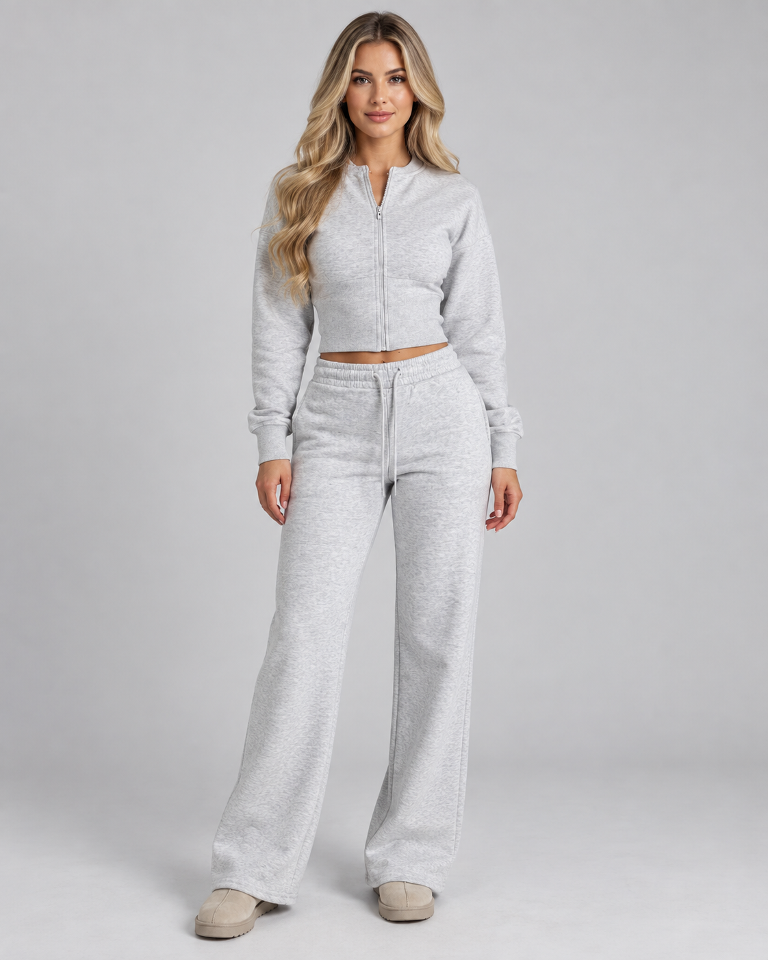Fleece Tracksuit Set - Cropped Zip-Up Wide Leg Pants
