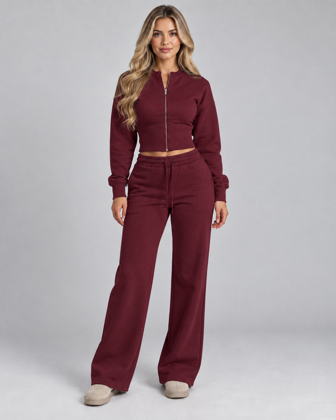 Fleece Tracksuit Set - Cropped Zip-Up Wide Leg Pants