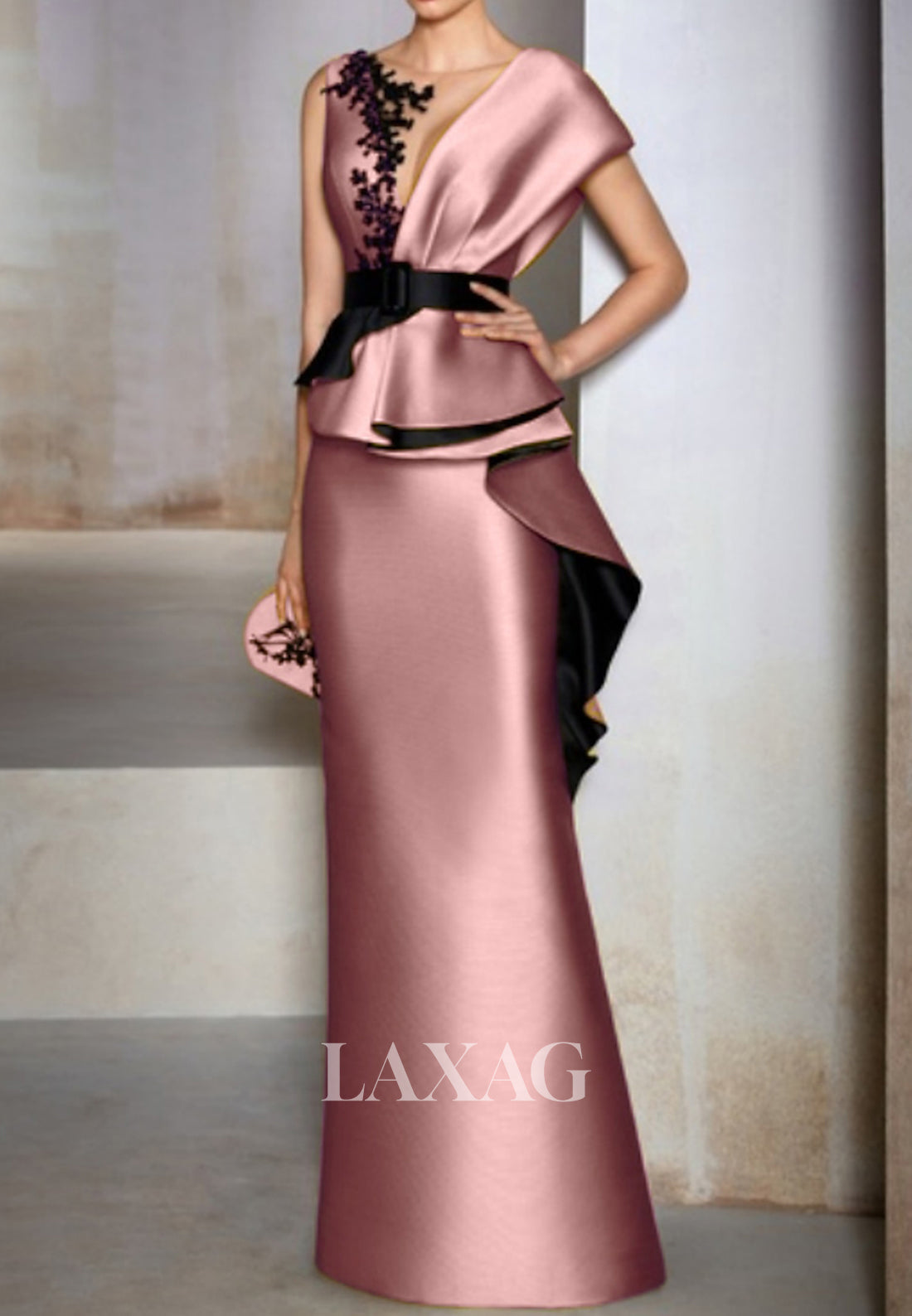 Deep V-Neck Straps Sleeveless Satin Mermaid Wedding Guest Dress Applique Pleated Floor-Length Formal Gowns