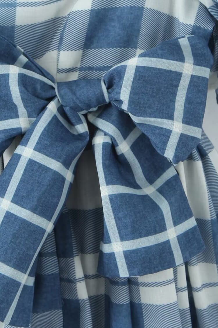 Floaty Bow Trim Puff Sleeve Gingham Print Summer Babydoll Mini Dress