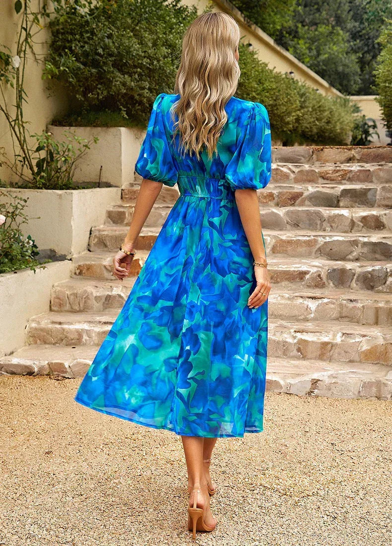 Floral Print Deep V-Neck Puff Sleeve Fit and Flare Midi Dress