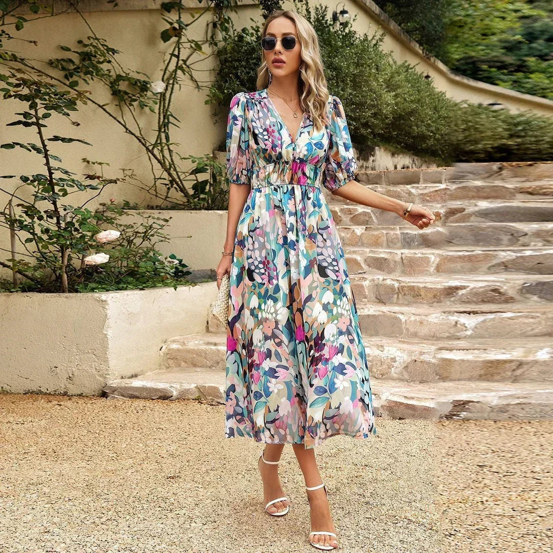 Floral Print Deep V-Neck Puff Sleeve Fit and Flare Midi Dress