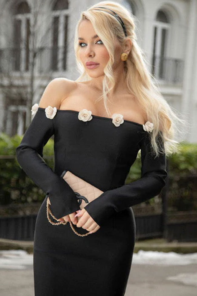 Off Shoulder Long Sleeve Floral Applique Bodycon Midi Dress