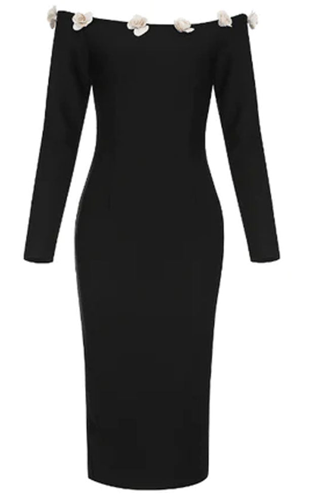 Off Shoulder Long Sleeve Floral Applique Bodycon Midi Dress