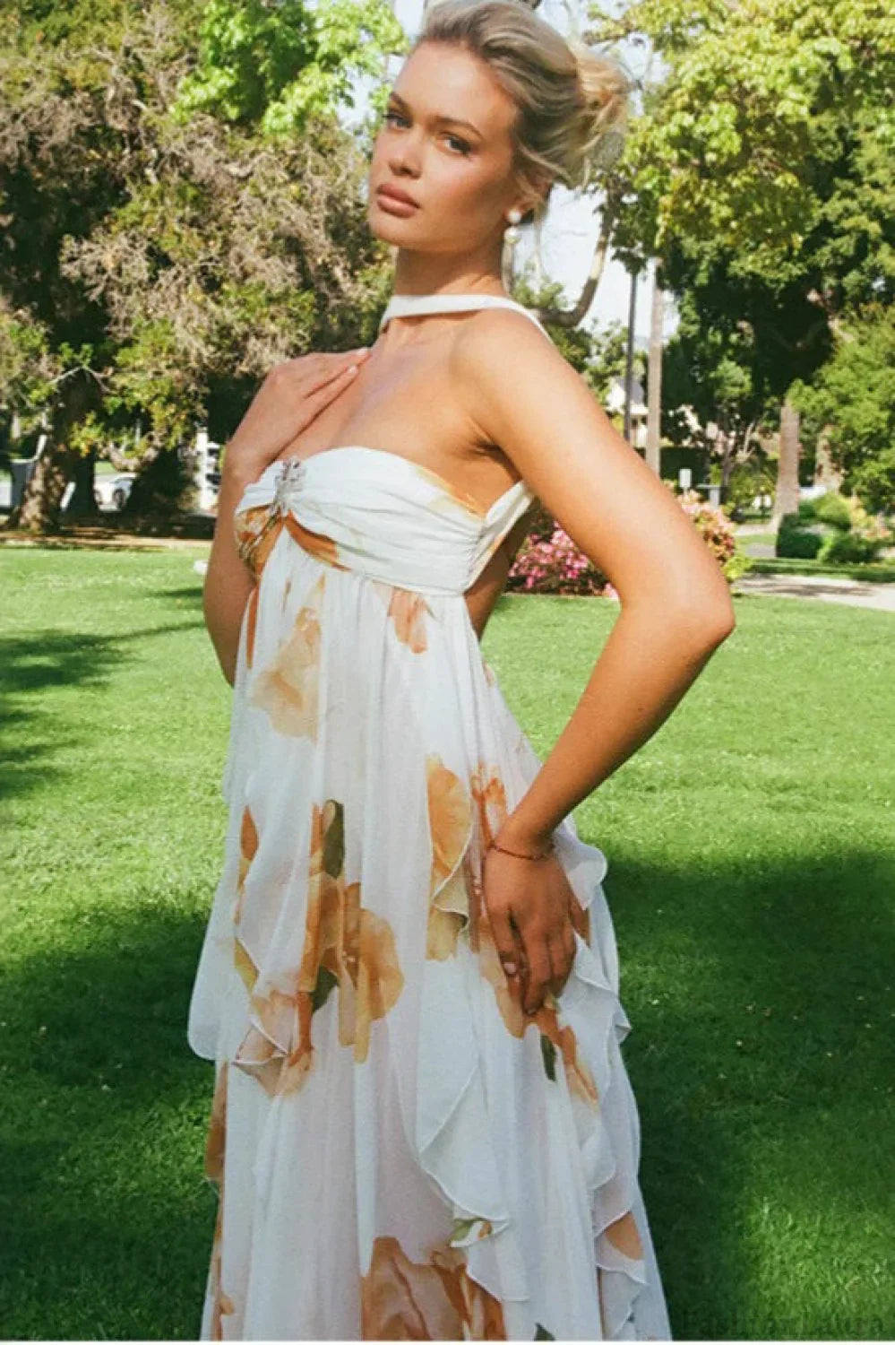 Floral Backless Halter Maxi Dress S / Orange