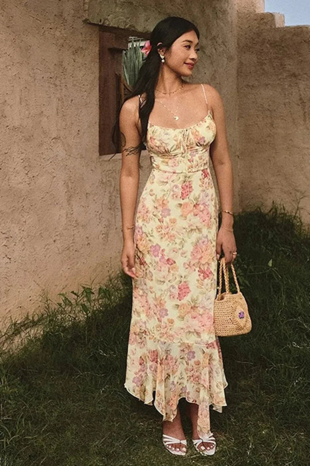 Floral Backless Strappy Maxi Dress French Maxi Dress