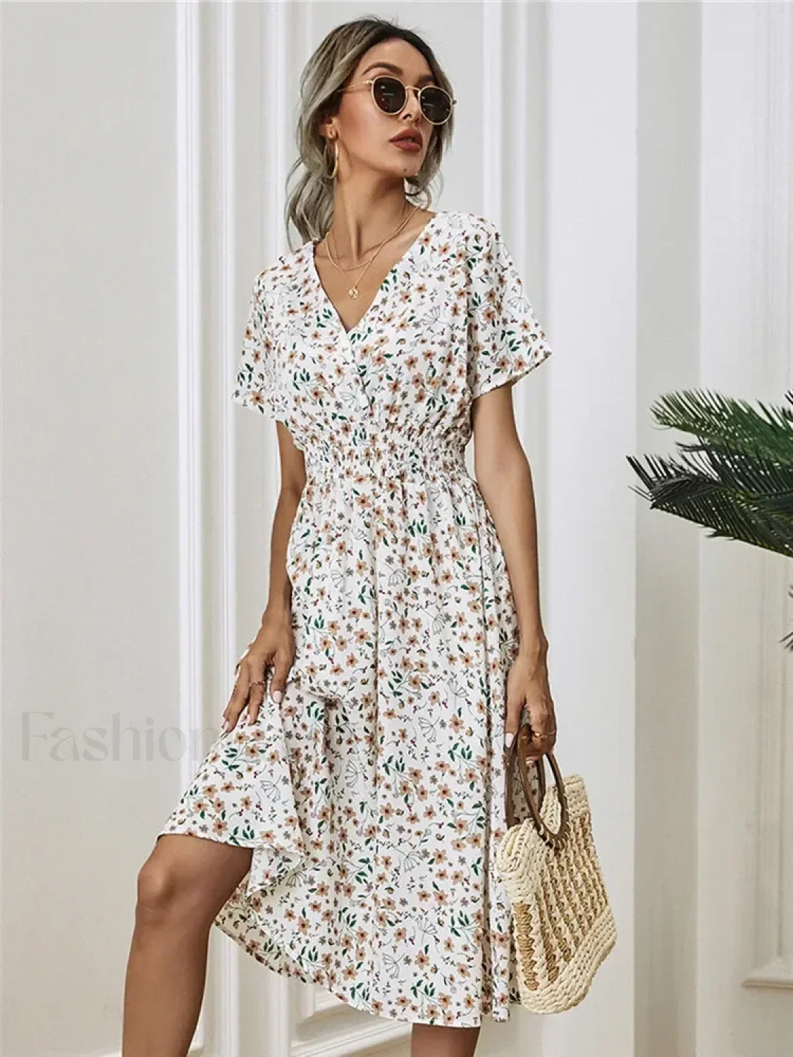 Floral Chic Short Sleeve Women’s Fashionable Long Midi Dress WHITE / S