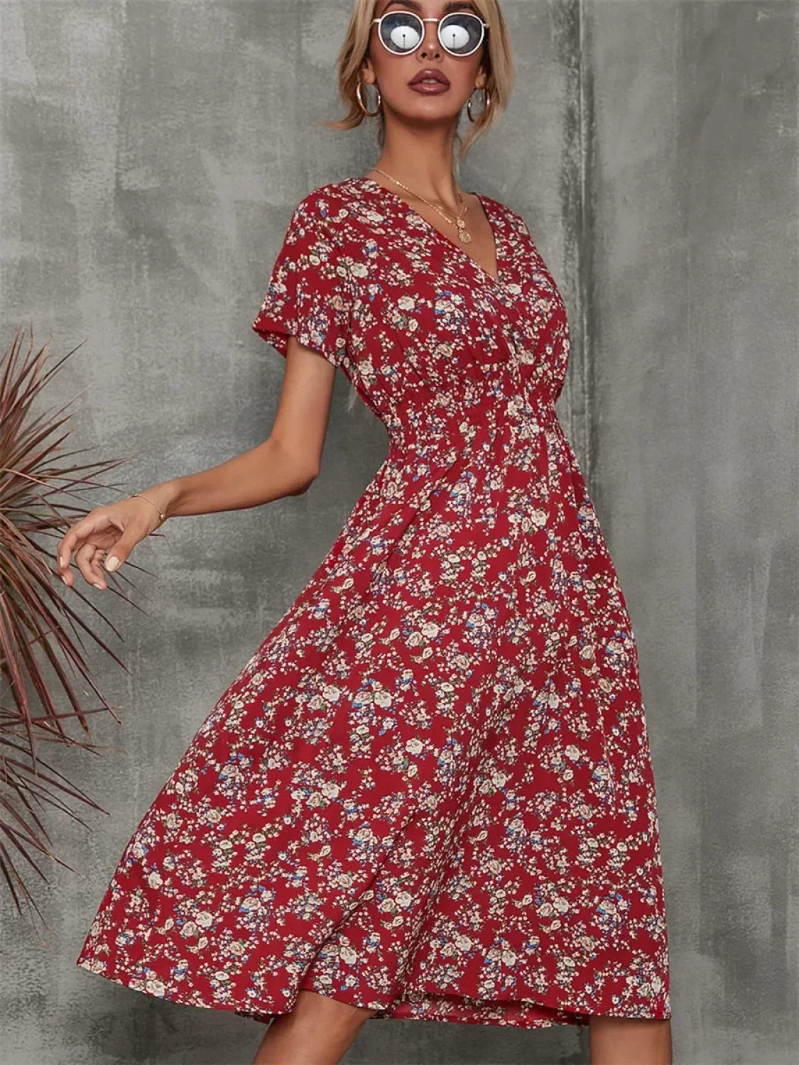 Floral Chic Summer Short Sleeve Fashionable Midi Dress BURGUNDY / S