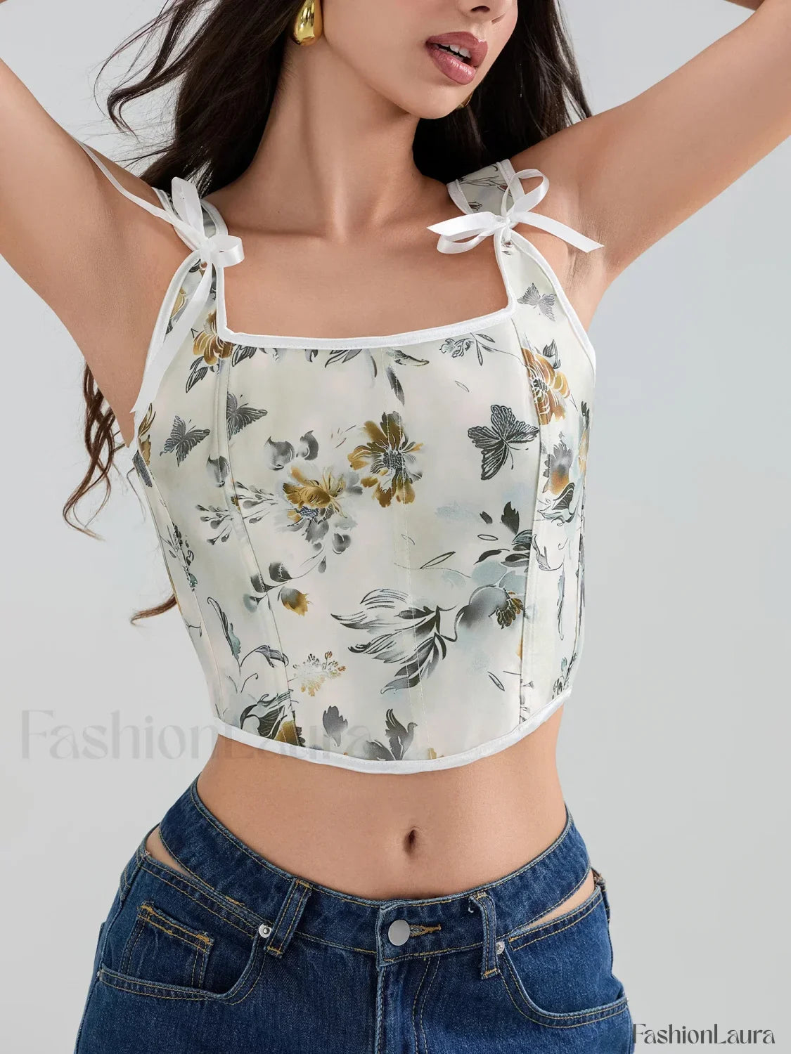 Floral Corset Square-Neck Crop Top