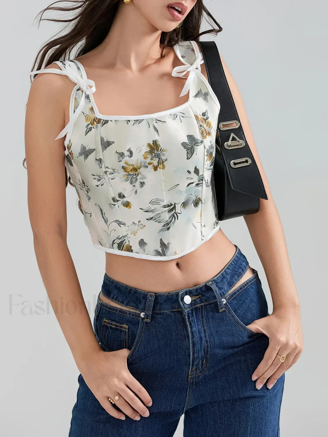 Floral Corset Square-Neck Crop Top