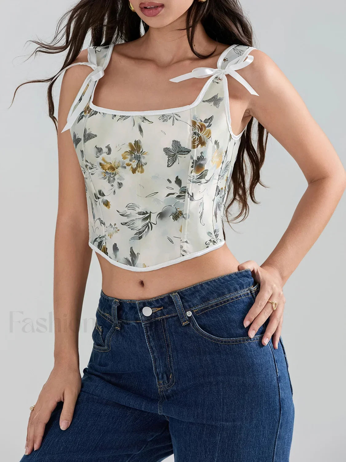 Floral Corset Square-Neck Crop Top