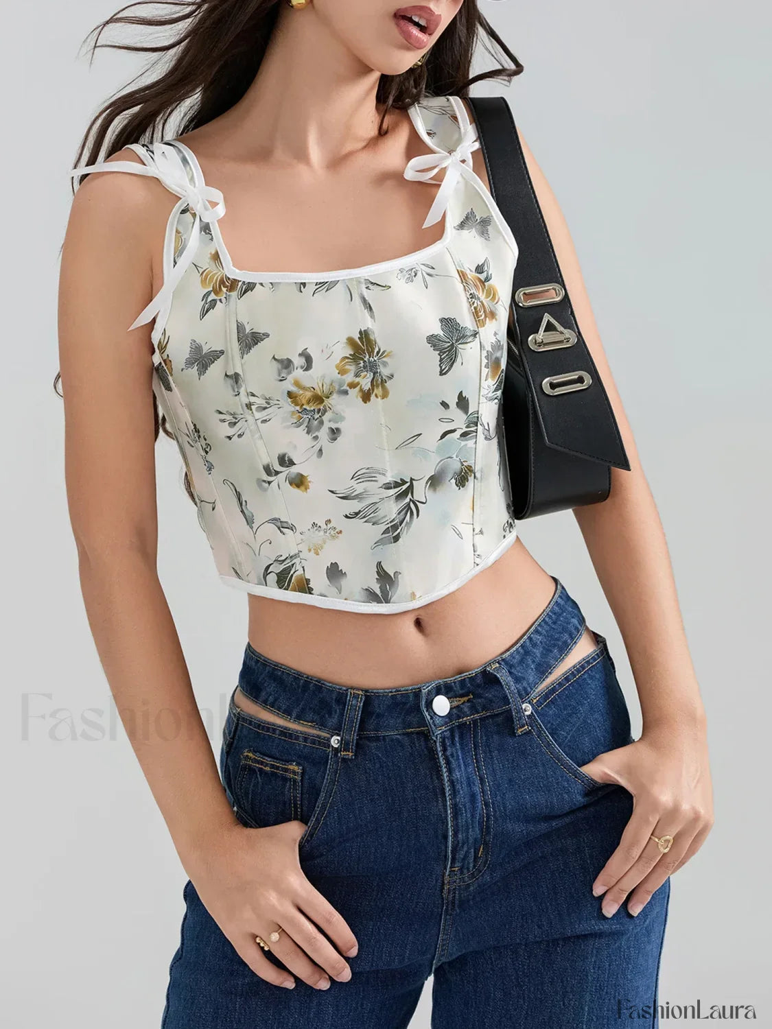 Floral Corset Square-Neck Crop Top
