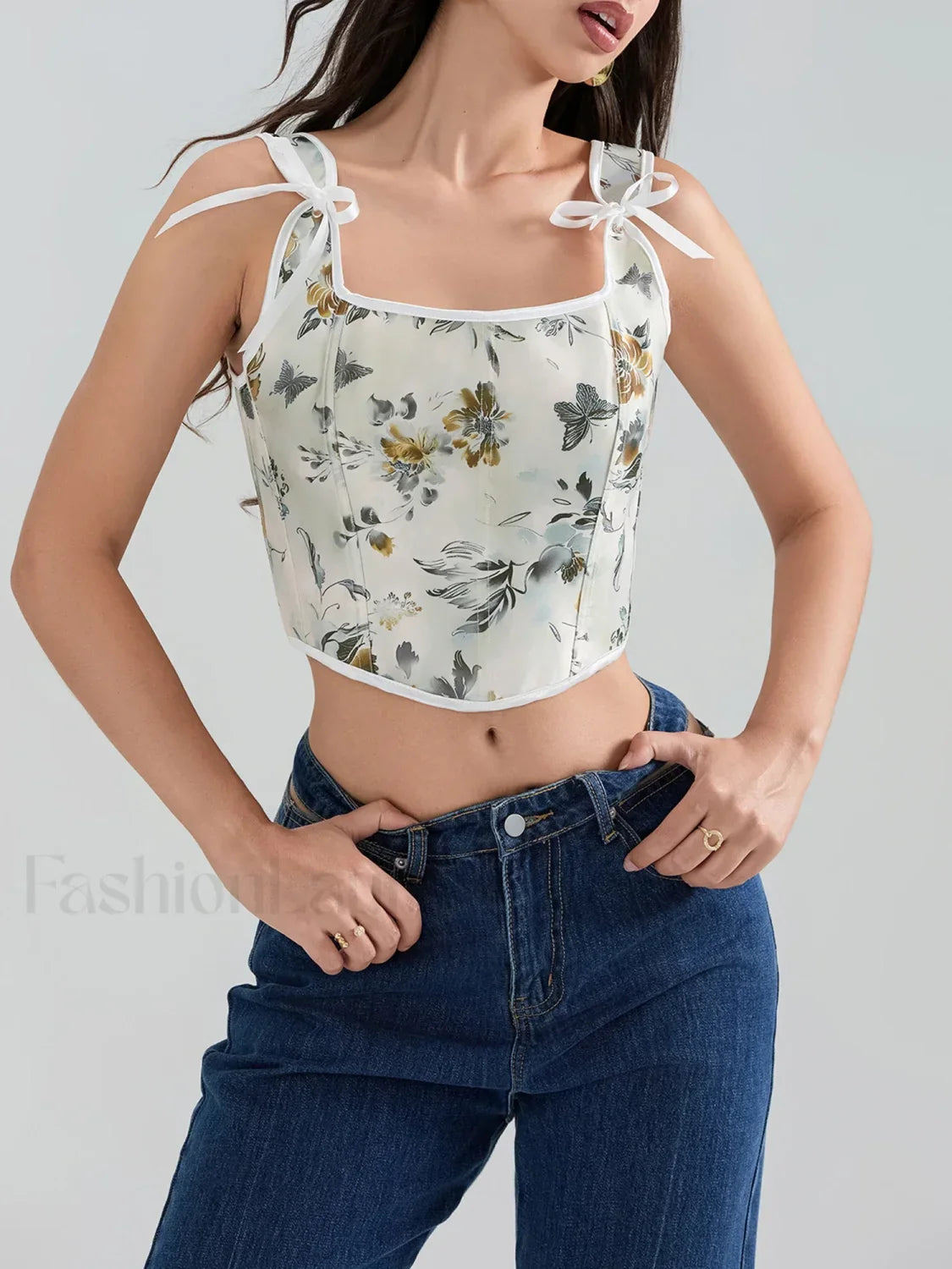 Floral Corset Square-Neck Crop Top
