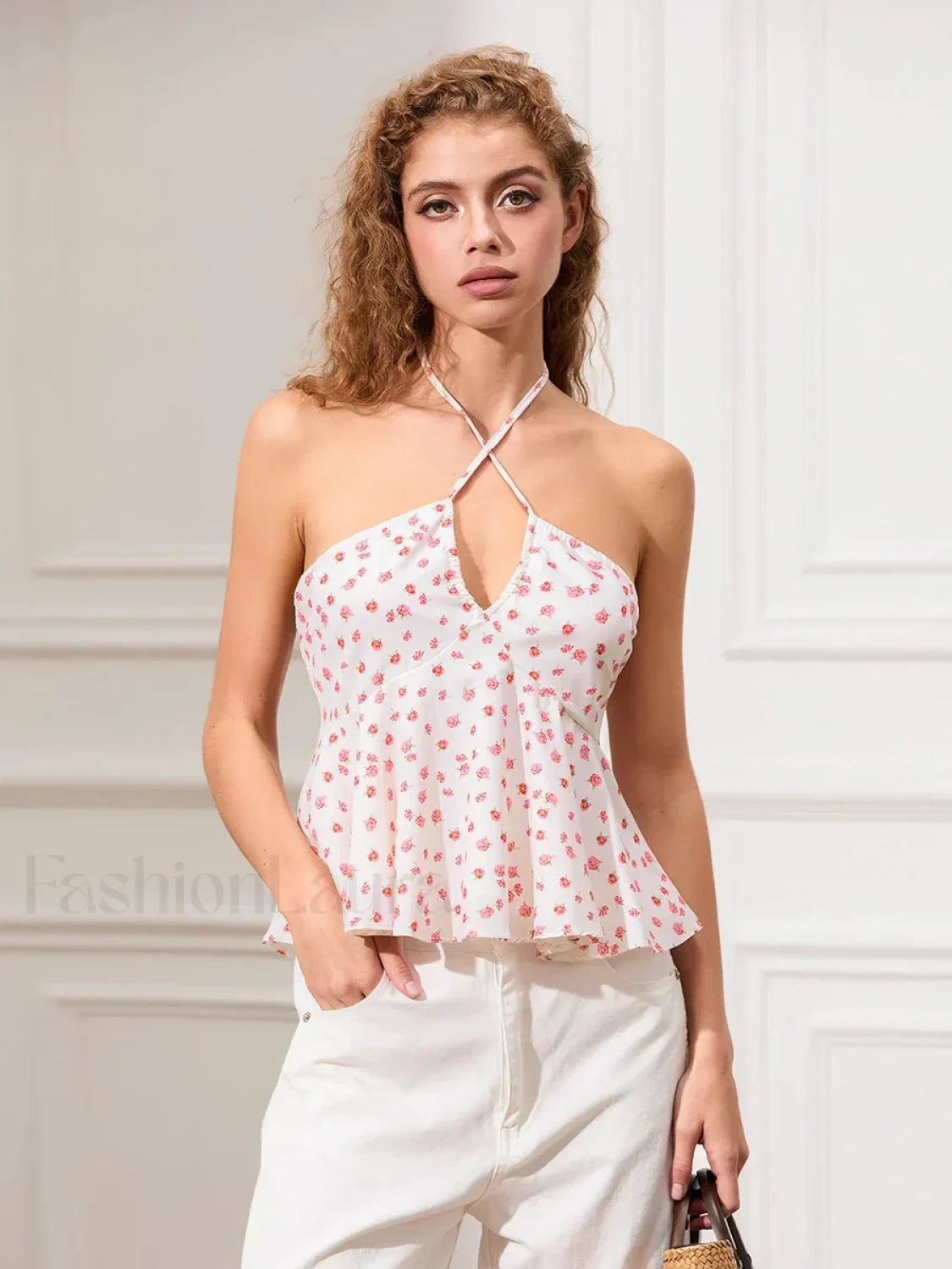Floral Cross-Halter Peplum Crop Top