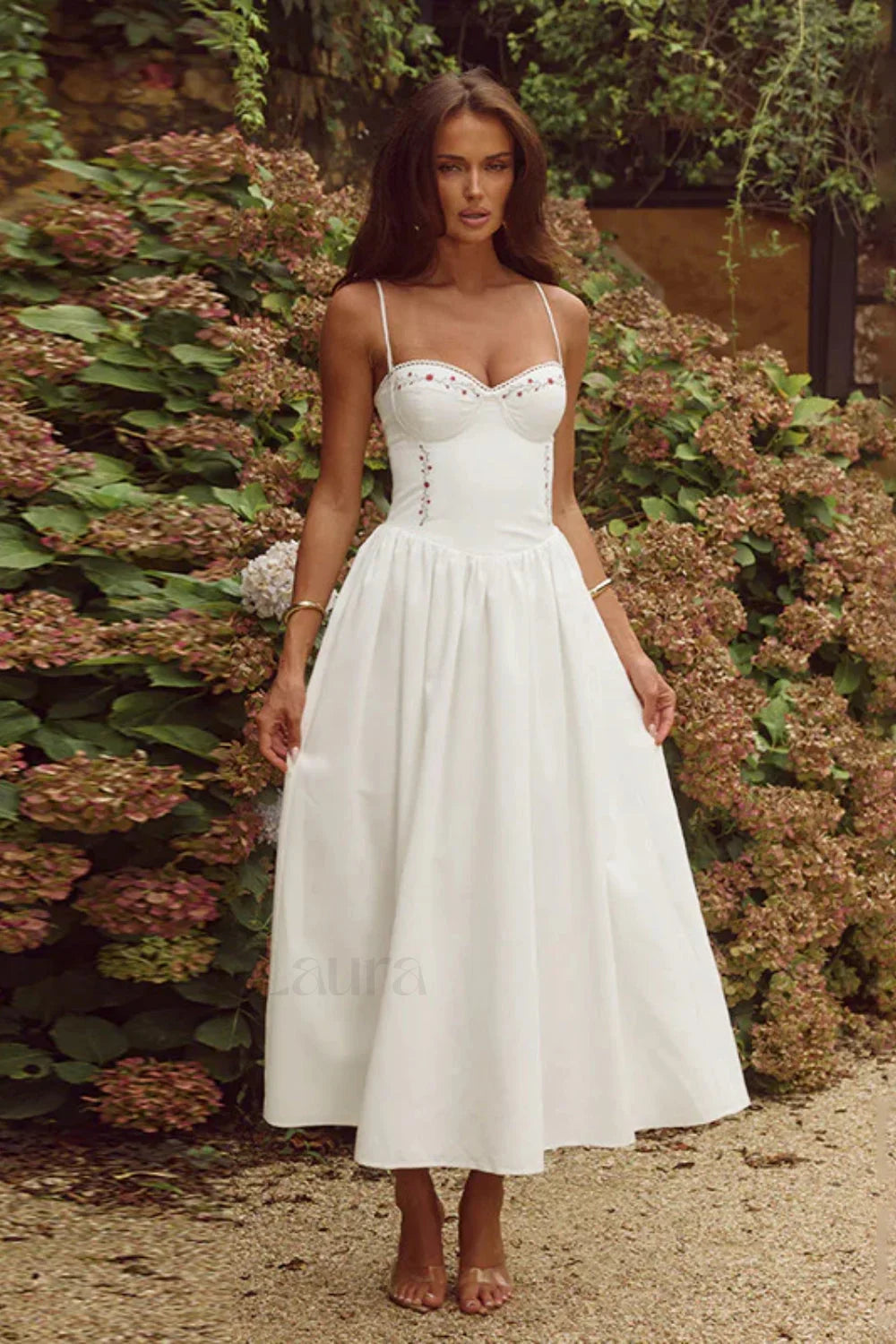 Floral Embroidered Waist A-Line Strappy Maxi Dress