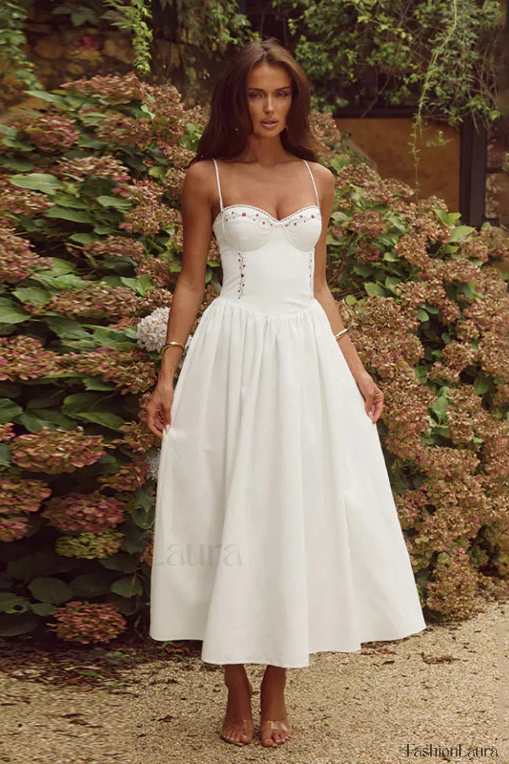 Floral Embroidered Waist A-Line Strappy Maxi Dress