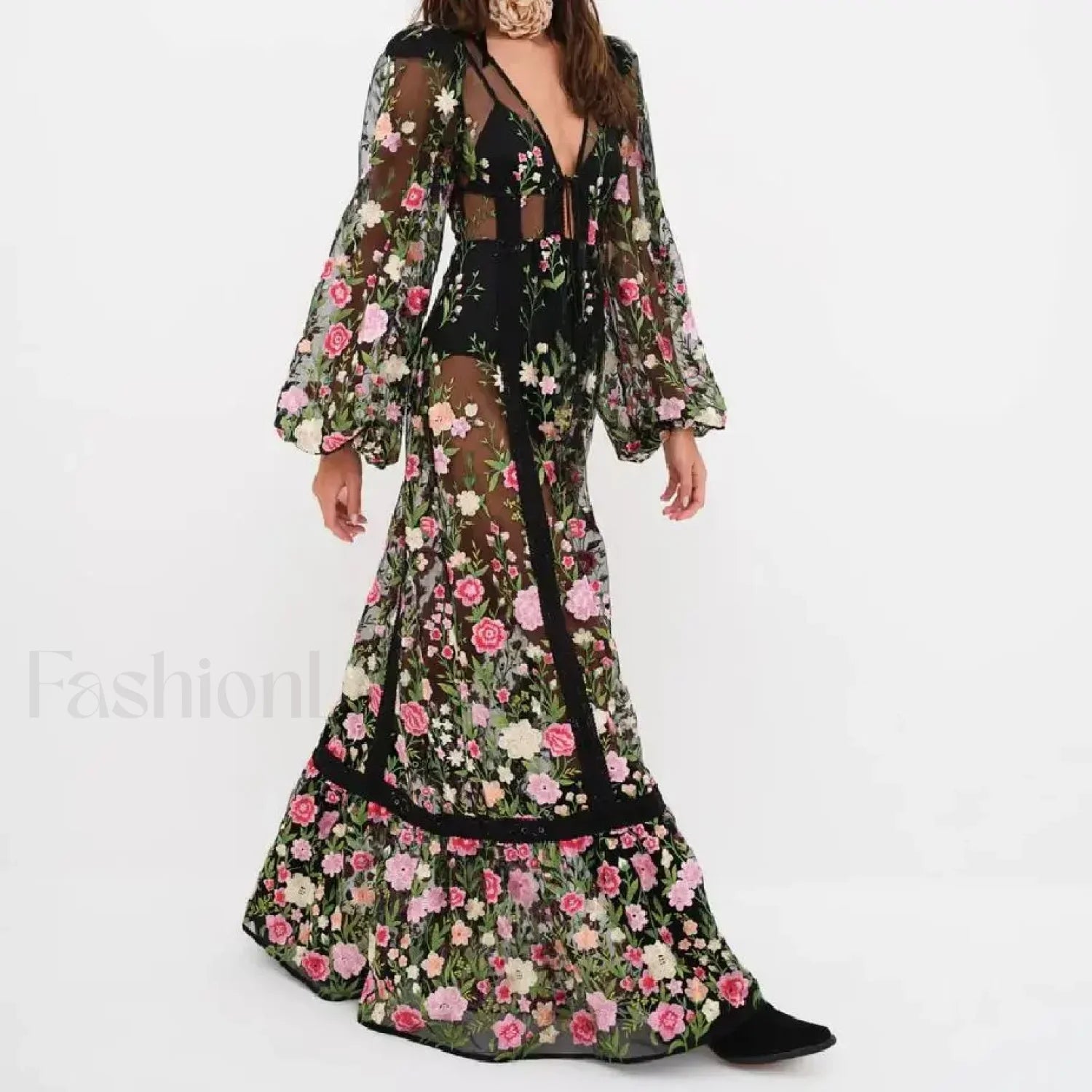 Floral Embroidery Mesh Beach Cover Up