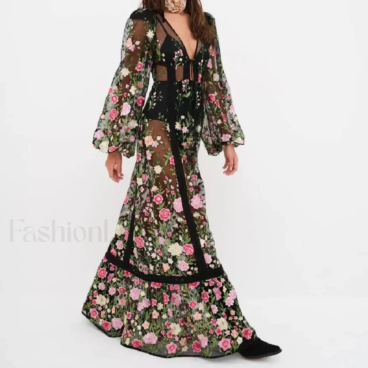 Floral Embroidery Mesh Beach Cover Up