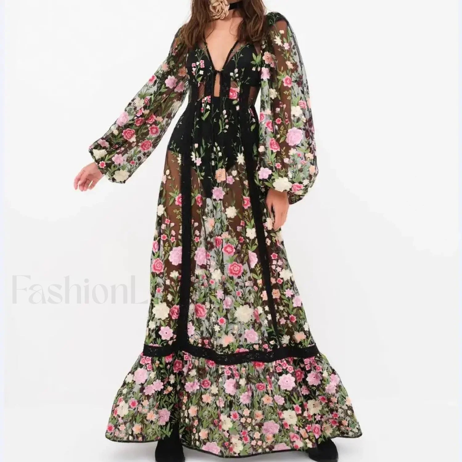 Floral Embroidery Mesh Beach Cover Up