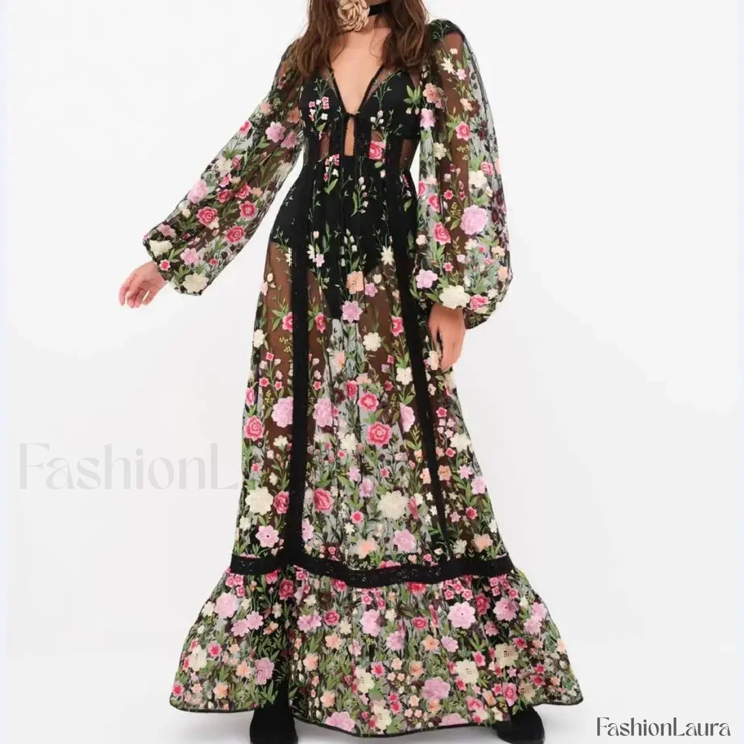 Floral Embroidery Mesh Beach Cover Up