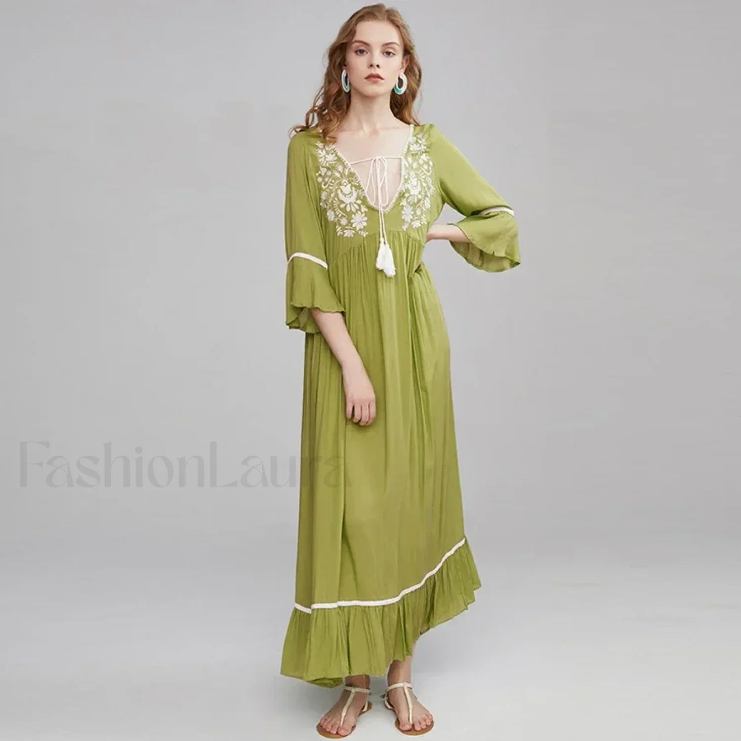 Floral Flare Sleeve Boho Dress Green / S