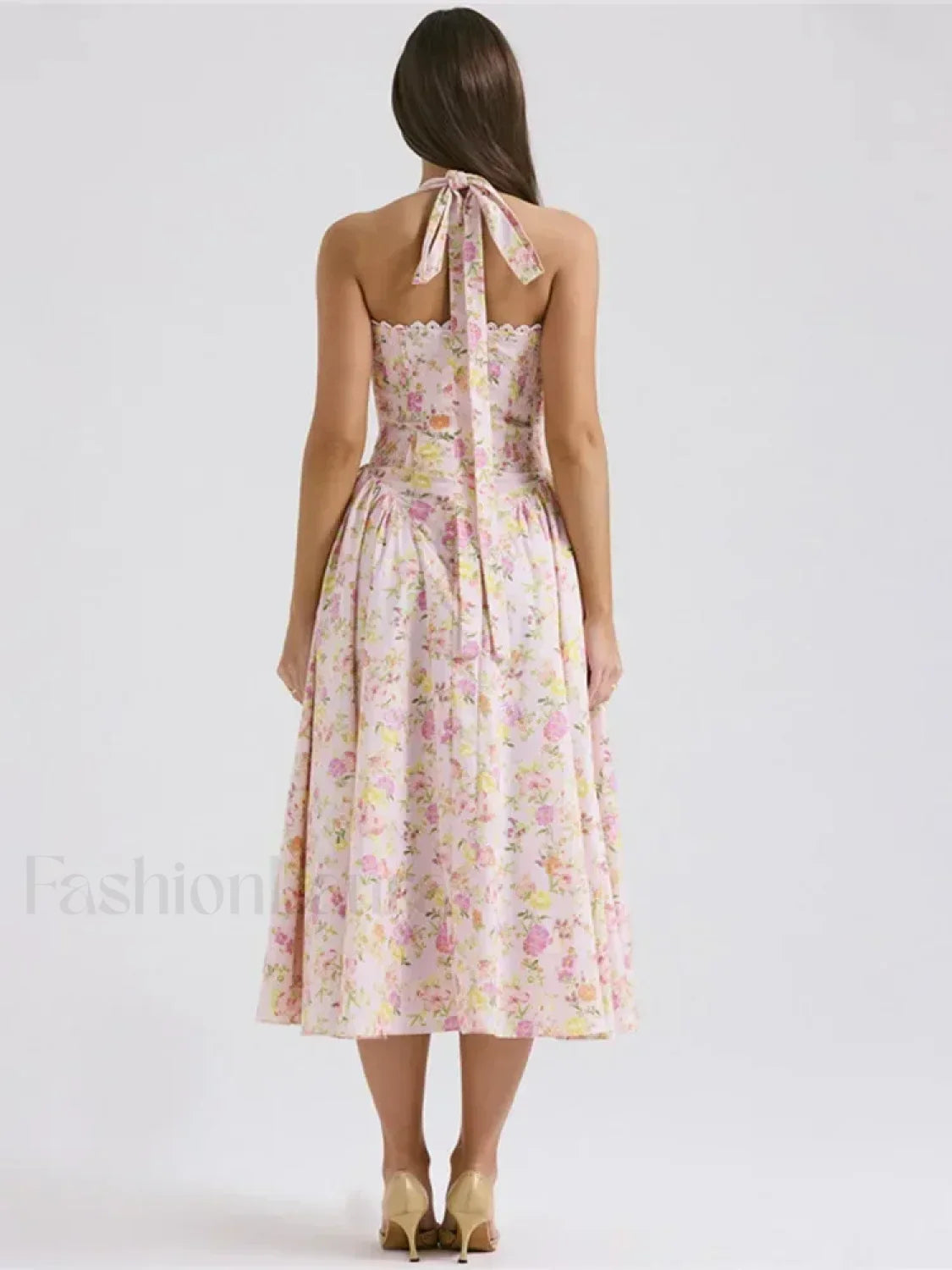 Floral Halter Backless Midi Dress