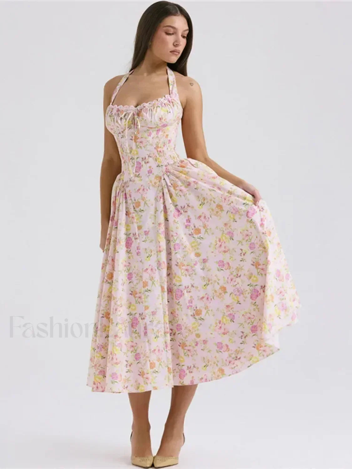 Floral Halter Backless Midi Dress