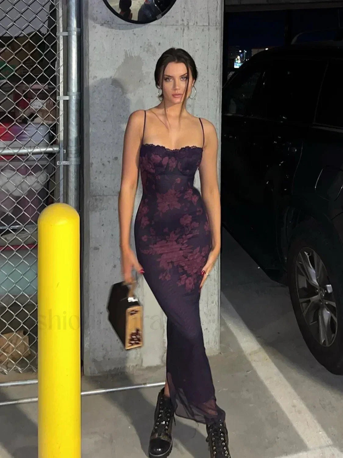 Floral Lace Backless Maxi Dress purple / S