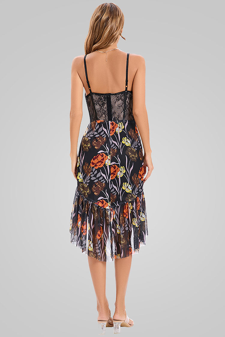 Floral Lace Corset Spaghetti Strap High Low Ruffle Cocktail Dress
