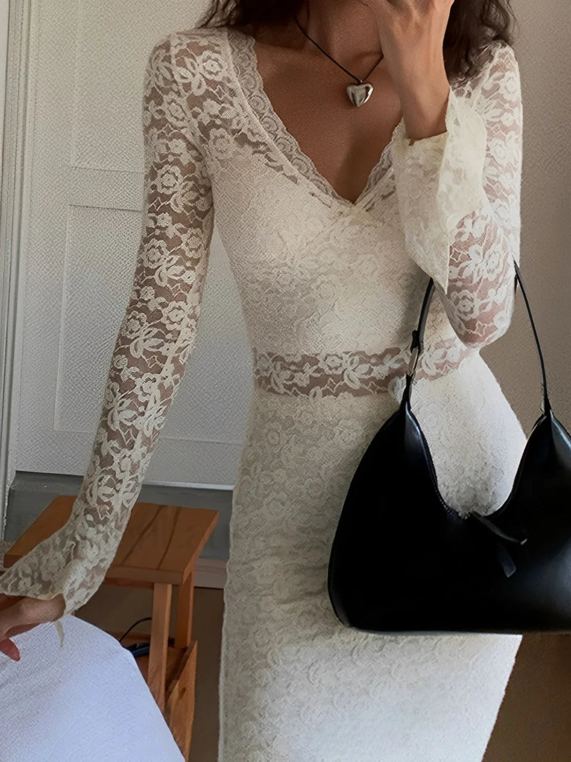 Floral Lace Long Trendy Sleeve Plunge Midi Dress