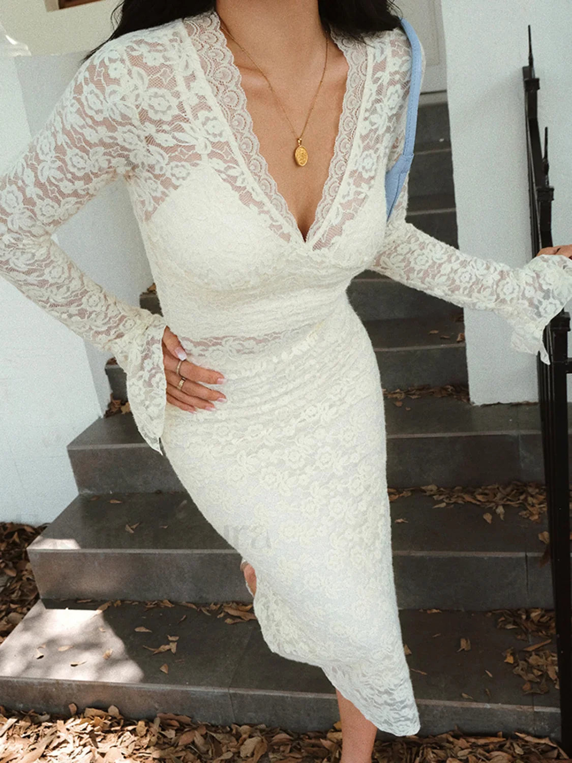 Floral Lace Long Trendy Sleeve Plunge Midi Dress