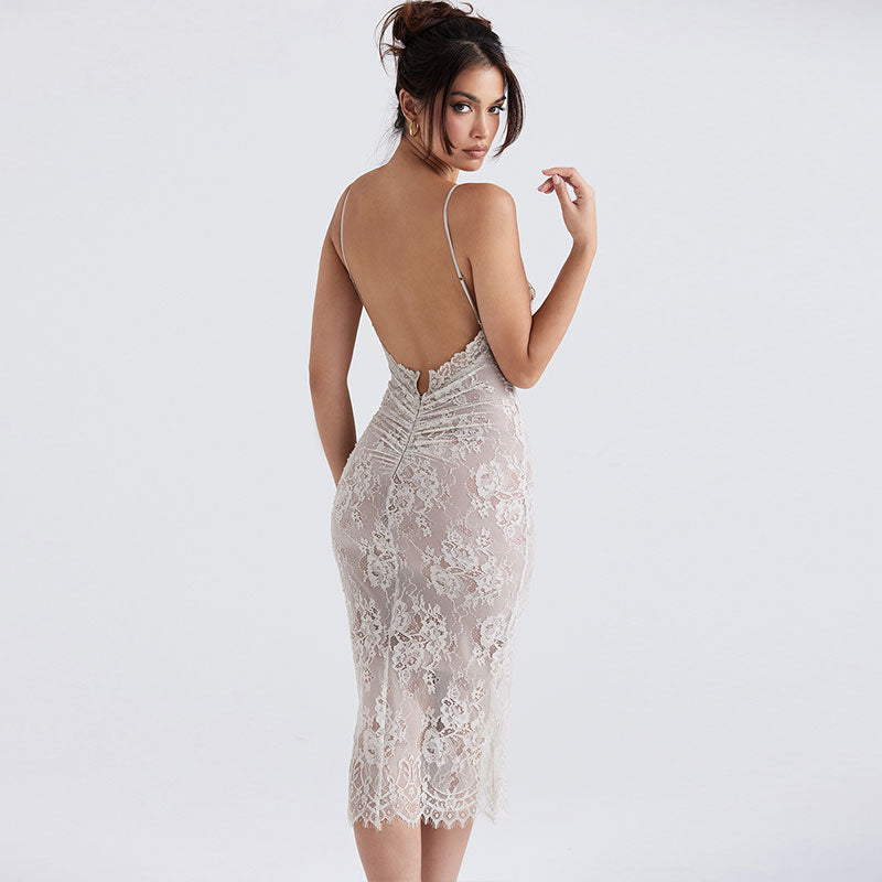 Floral Lace V-Neck Spaghetti Strap Bodycon Slip Midi Dress